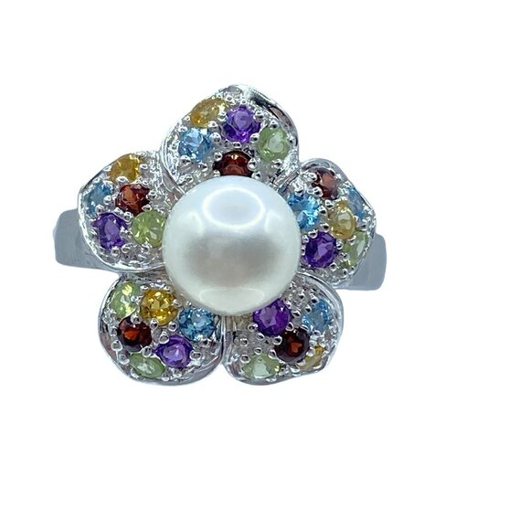 East Art Sterling Silver 8mm Pearl Solitaire Multi-Gemstone Floral Ring Sz 5.75 - Picture 4 of 11